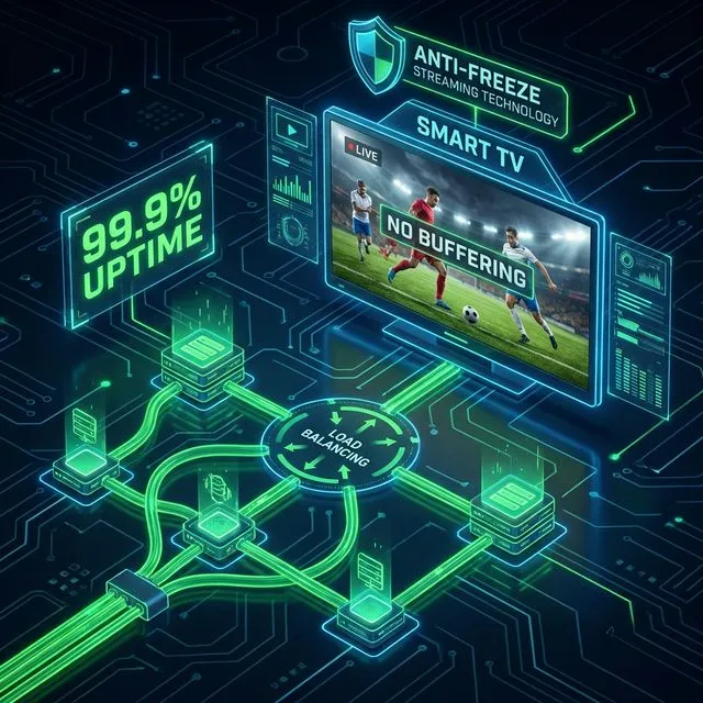 Technologie Anti-Freeze IPTV streaming football sans coupure 99.9% uptime