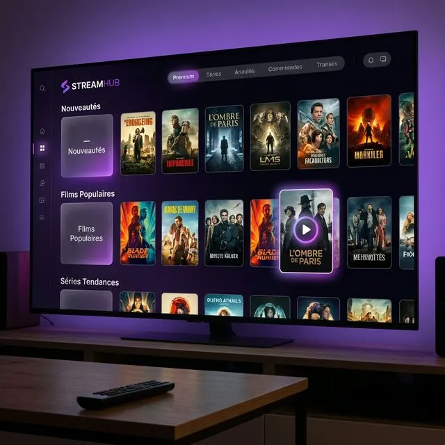 Interface VOD Netflix-style - Catalogue IPTV organisé par catégories avec films et séries